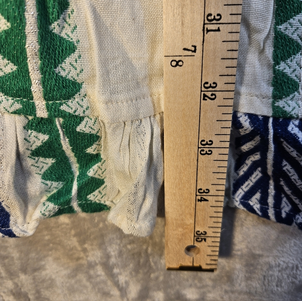THML Flutter Fringe Sleeve Square Neck Chevron Print Blue Green Dress Size M - Picture 9 of 14